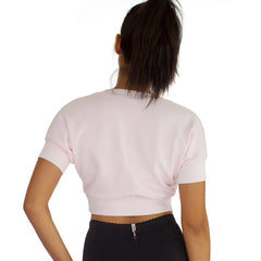 Back view of French Terry crop top in Candy Pink.