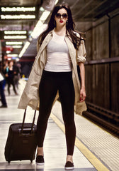 Best leggings for travel, our high waisted legging in Black with hidden back pocket and foldover waistband made from premium high performance activewear fabric that wicks moisture away from your body to keep you comfortable + no side seam so great for working out or traveling in comfort