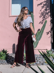 Cropped Length Stretch Velvet Pant in Sangria Wine (Burgundy) has elastic waist and 26" inseam.