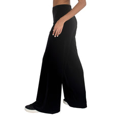 Side view of Stretch Velvet Track Pant in Black has elastic waist with 32" inseam