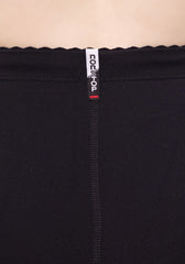 Label close up of our High Waisted Black Legging with Zippers at leg opening, flattering zig zag stitching detail on legs.