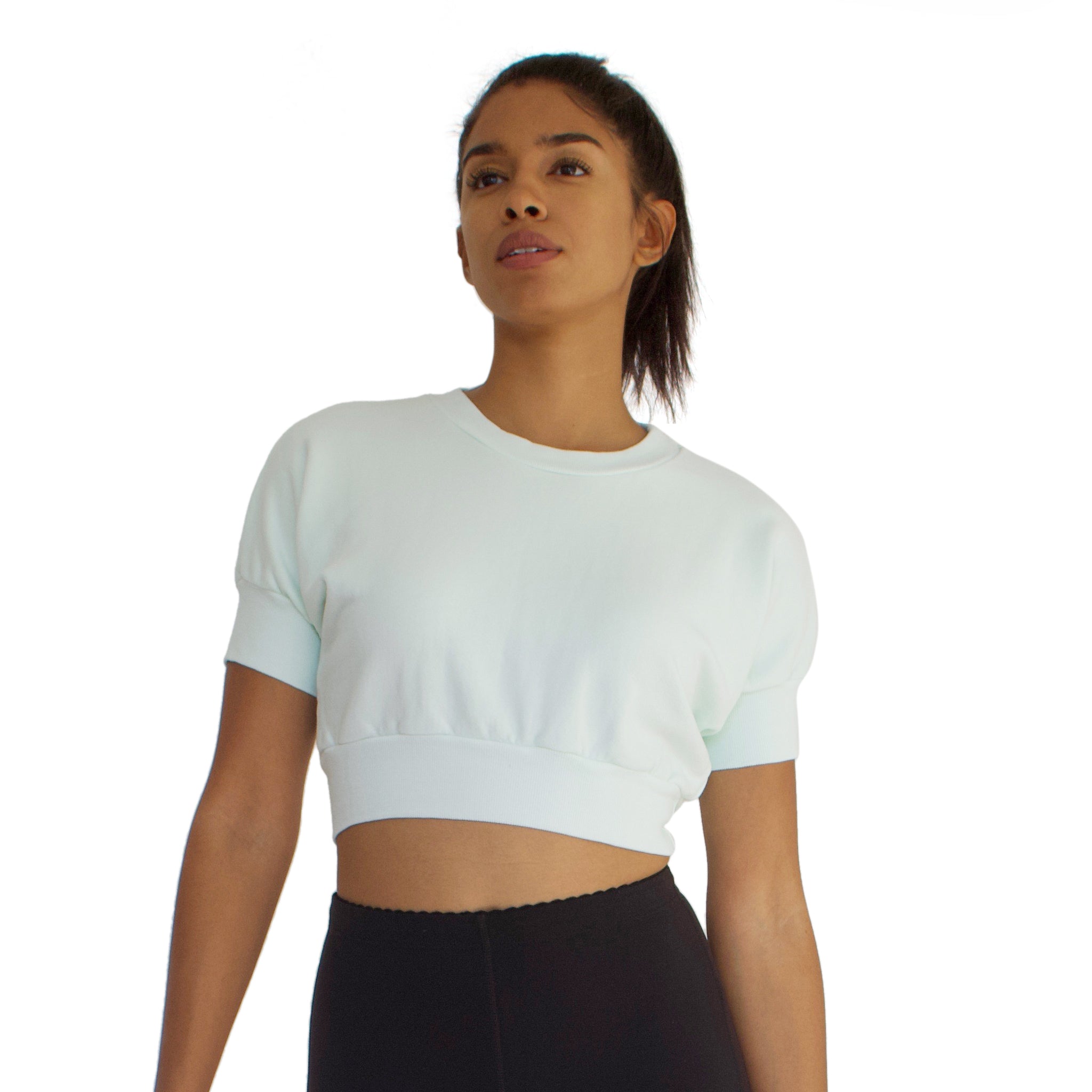 The Anita is a 100% cotton French Terry crop top in Mint. Short dolman sleeves with a crew neck.