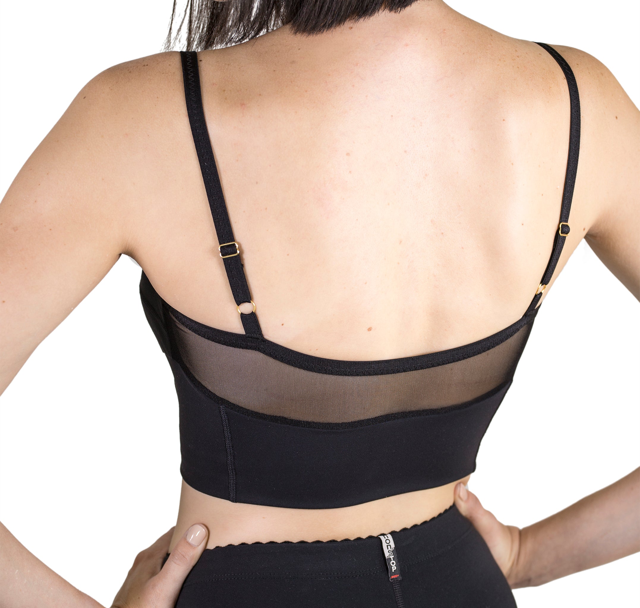 Premium quality black Bralette back view shows mesh panel upper and adjustable straps.
