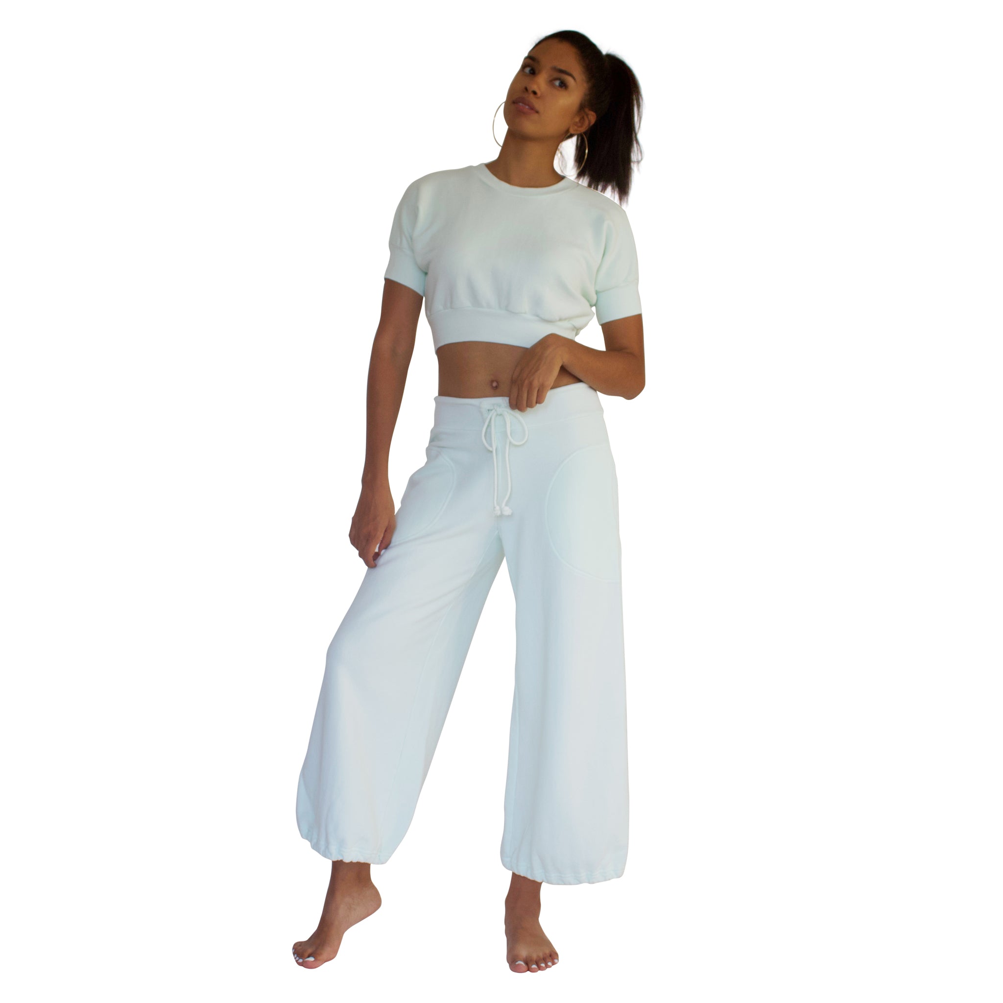 CC Beach Pant in 100% cotton French Terry will keep you comfy and cozy with roomy side seam pockets, drawstring waist, elasticized cuffs shown here in Mint Green.