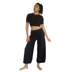 CC Beach Pant in 100% cotton French Terry will keep you comfy and cozy with roomy side seam pockets, drawstring waist, elasticized cuffs shown here in Black.