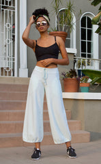 CC Beach Pant in 100% cotton French Terry will keep you comfy and cozy with roomy side seam pockets, drawstring waist, elasticized cuffs shown here in Mint Green and worn with our Bralette in Black.