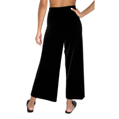 Back view of our Cropped length Stretch Velvet Track Pant in Jet Black has elastic waist and 26" inseam