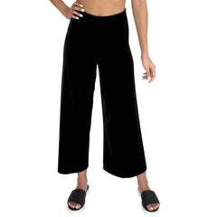 Front view of our Cropped length Stretch Velvet Track Pant in Jet Black has elastic waist and 26" inseam