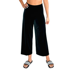 Front view of our Cropped length Stretch Velvet Track Pant in Hunter (Dark Green) with elastic waist and 26" inseam