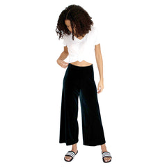 Cropped length Stretch Velvet Track Pant in Hunter (Dark Green) with elastic waist and 26" inseam