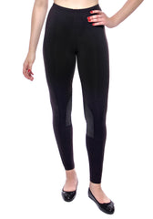 High waisted legging with leather patches at inside knee made from premium activewear fabric that wicks moisture away from the body to keep you comfortable all day. Hidden drawstring at waistband.