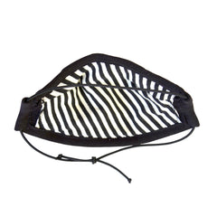 Stay safe and comfortable in our lightweight 100% cotton 5 layer Face Mask in Black with matching elastic adjustable strap, contrast striped lining shown here, soft wire upper, no rough edges.