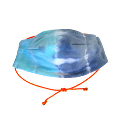 Stay safe and comfortable in our lightweight 100% cotton 5 layer Face Mask in Turq+Denim Domino Tie Dye. Fun orange elastic adjustable strap, soft wire upper, no rough edges.