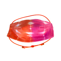 Stay safe and comfortable in our lightweight 100% cotton 5 layer Face Mask in Orange+Fucshia Domino Tie Dye. Fun orange elastic adjustable strap, soft wire upper, no rough edges.