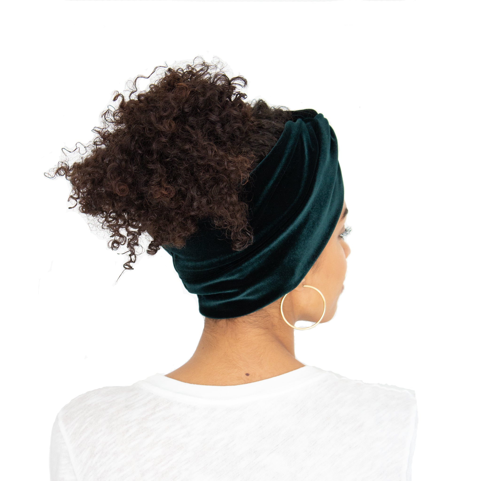 Back view of Stretch velvet headband in Hunter green