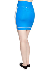 Back view of comfortable Mini Skirt in thick stretch fabric. Bright blue with contrast white panel and hem stitch. Back pocket at waist.