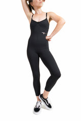 Full length Black Bodysuit with Functional zip pocket, adjustable straps, available with gold or silver hardware