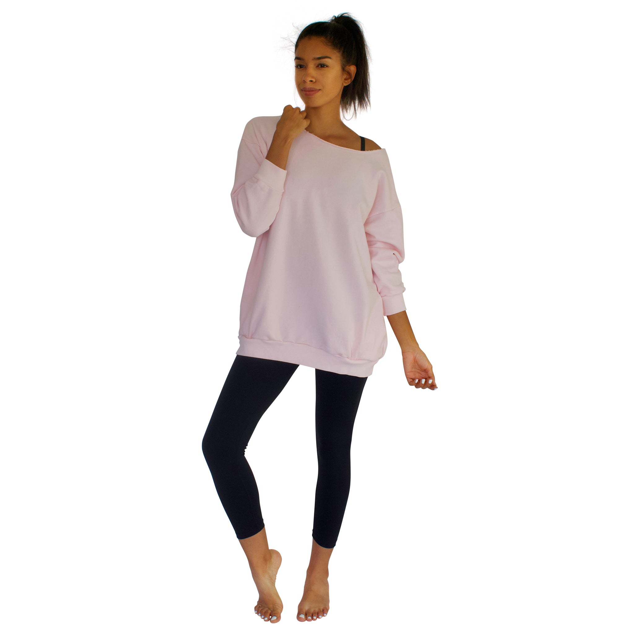 Our best selling oversized french terry top with raw edge neckline, side seam pockets shown here in Candy Pink.