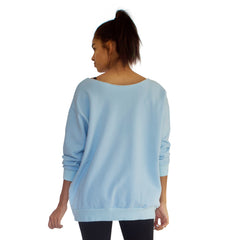Back view of our best selling oversized french terry top with raw edge neckline, side seam pockets shown here in Sky Blue
