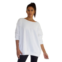 Our best selling oversized french terry top with raw edge neckline, side seam pockets shown here in White