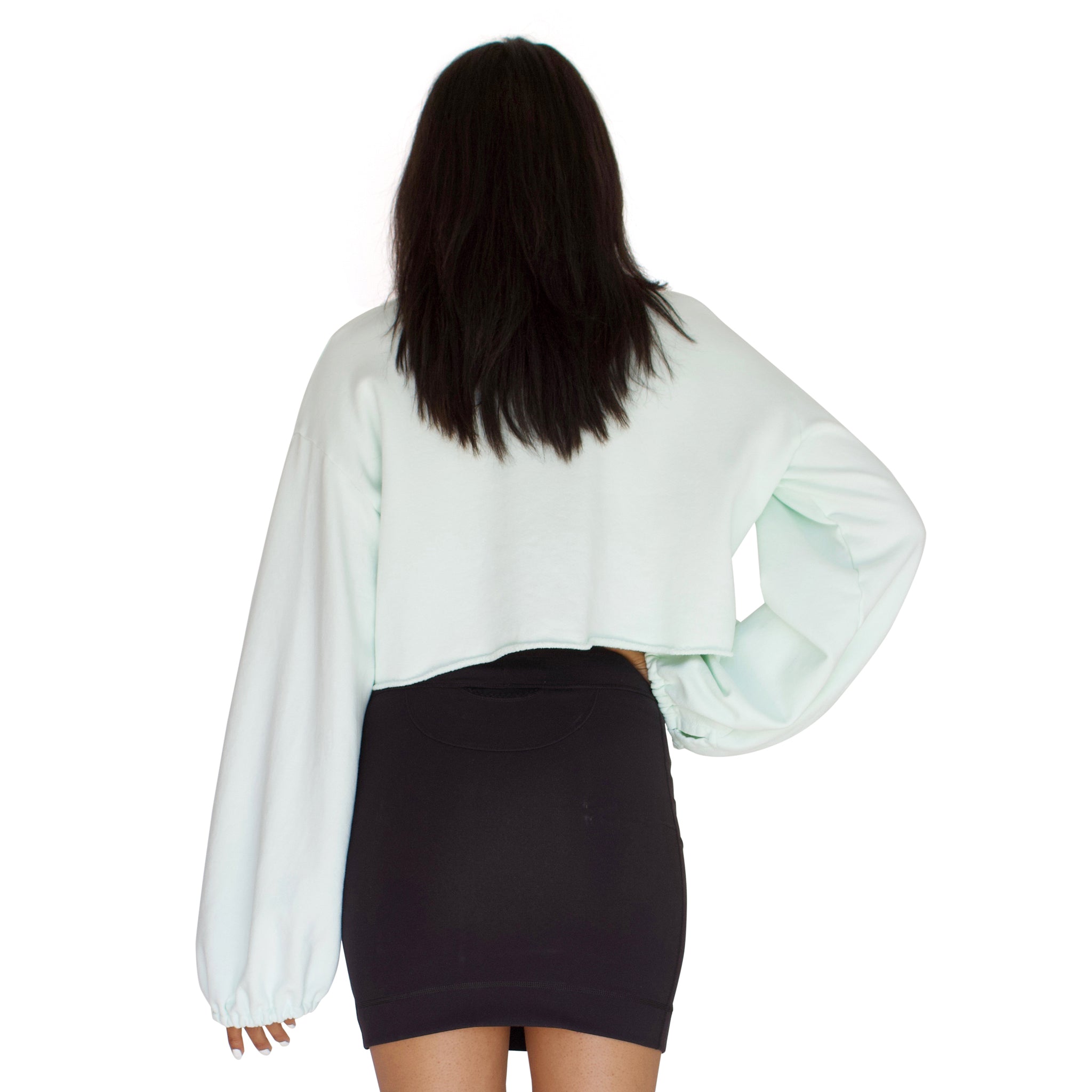 balloon sleeve french terry crop top in mint green back view