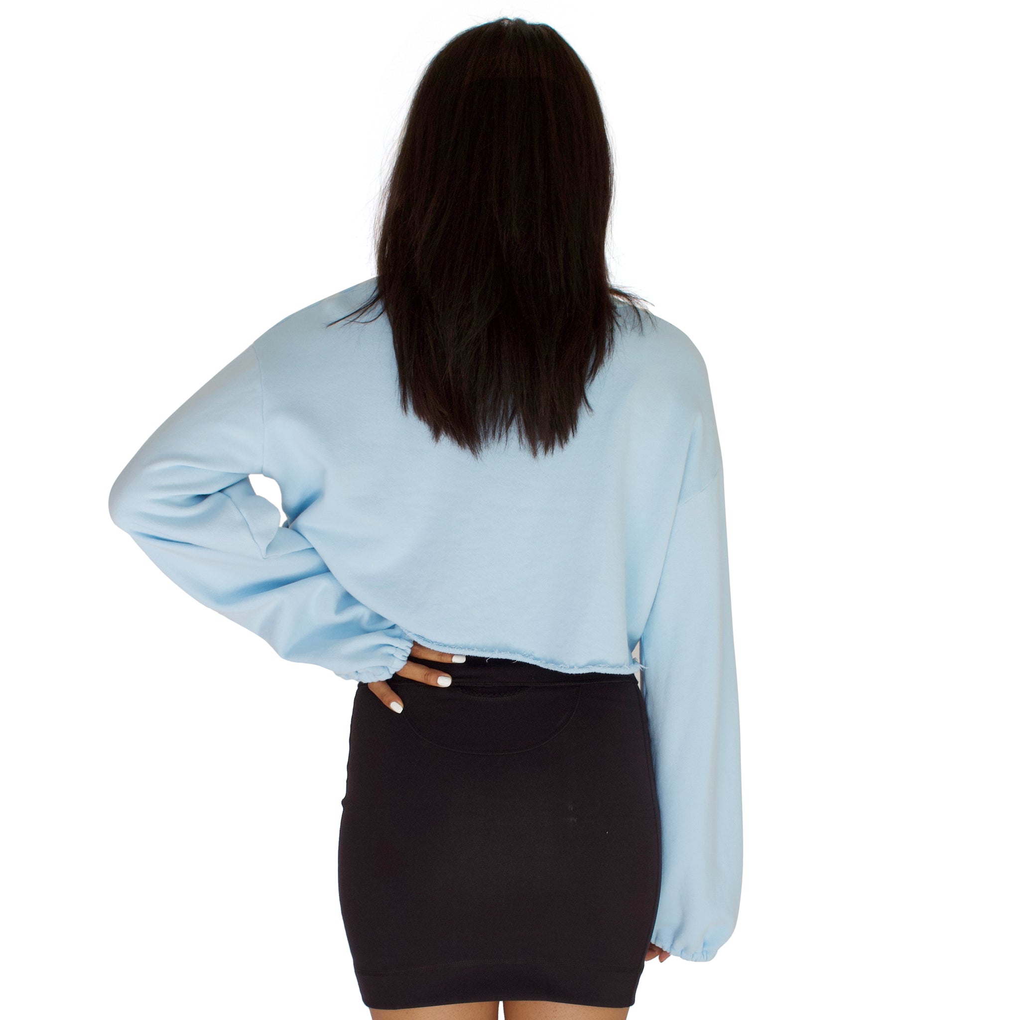 Balloon sleeve french terry crop top in sky blue back view