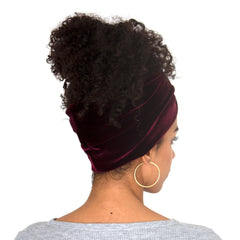Back view of stretch velvet headband in Sangria (burgundy)
