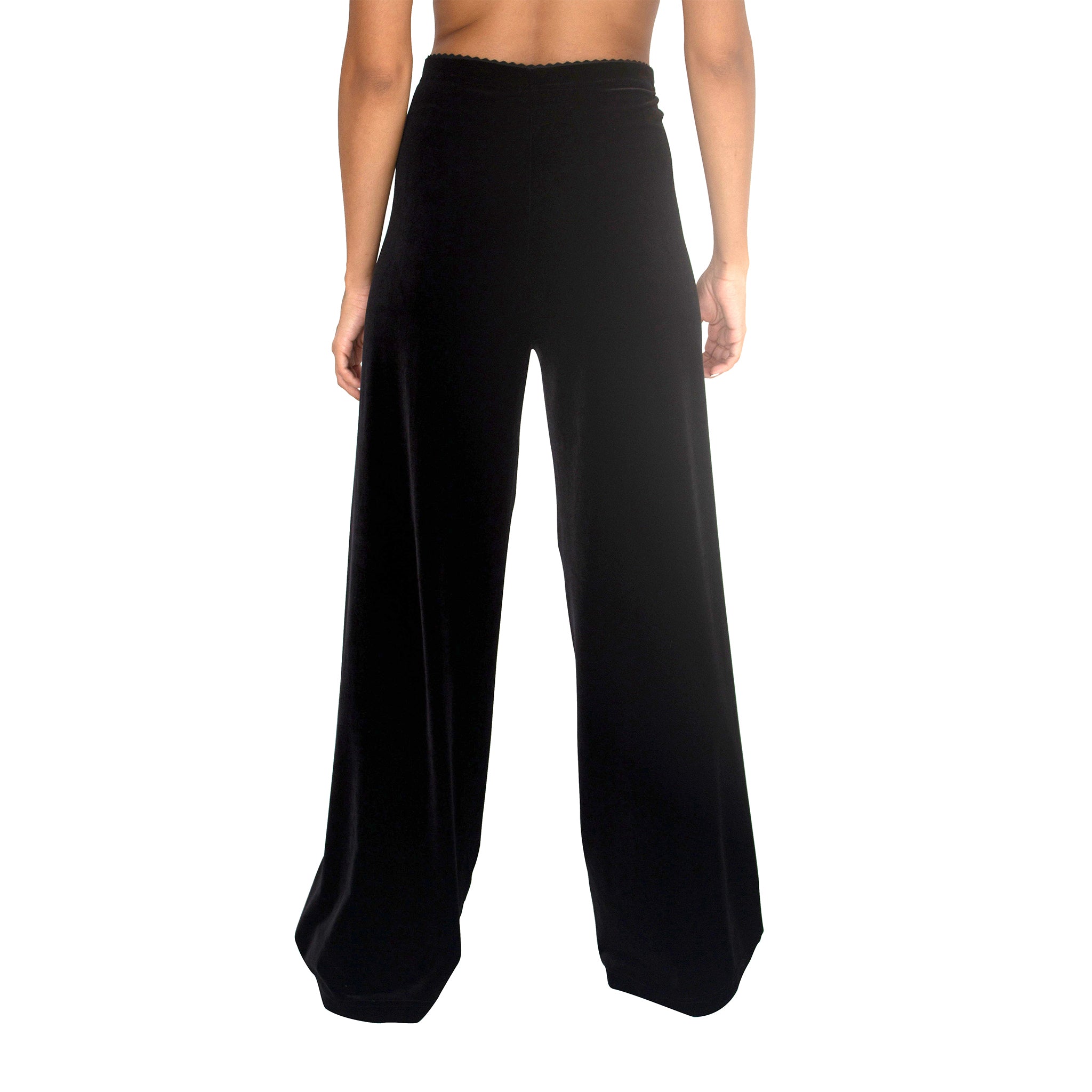 Back view of Stretch Velvet Track Pant in Black has elastic waist with 32" inseam