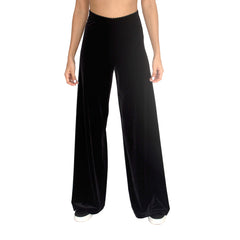 Front view of stretch velvet track pant in Black. Has elastic waist with 32" inseam.