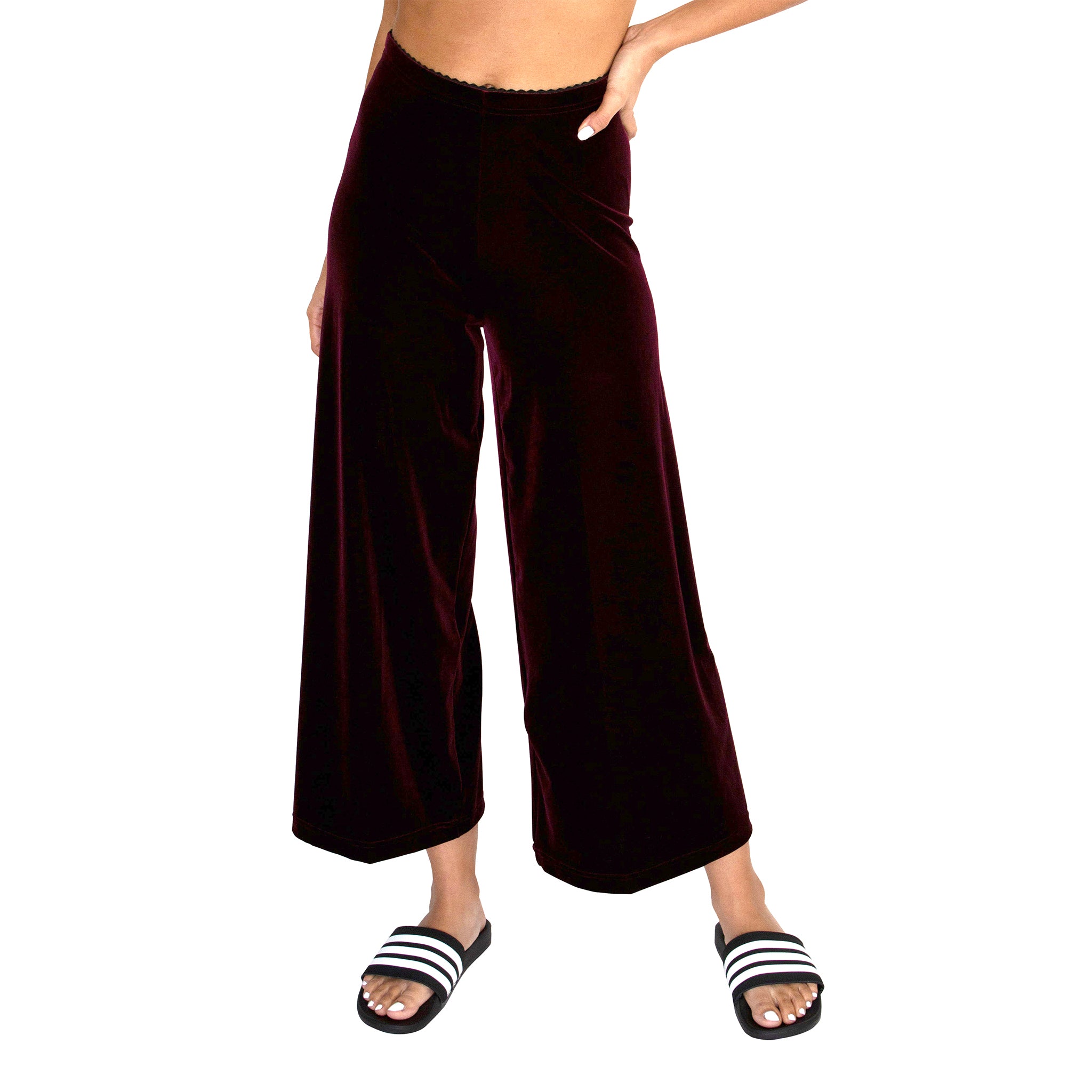 Front view of our Cropped Length Stretch Velvet Pant in Sangria Wine has elastic waist and 26" inseam.