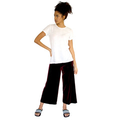 Cropped Length Stretch Velvet Pant in Sangria Wine (Burgundy) has elastic waist and 26" inseam.