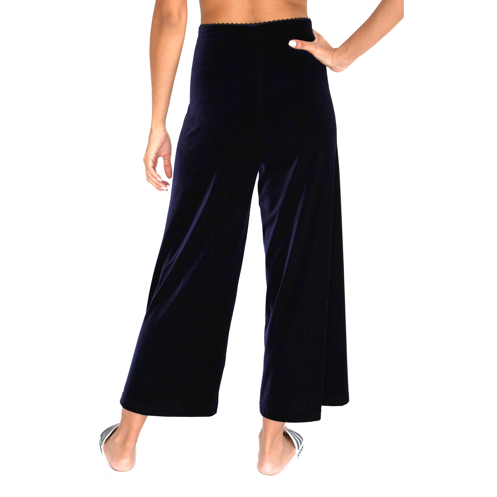 Back view of our Cropped Length Stretch Velvet Pant in Sapphire (Dark Blue) has elastic waist and 26" inseam.