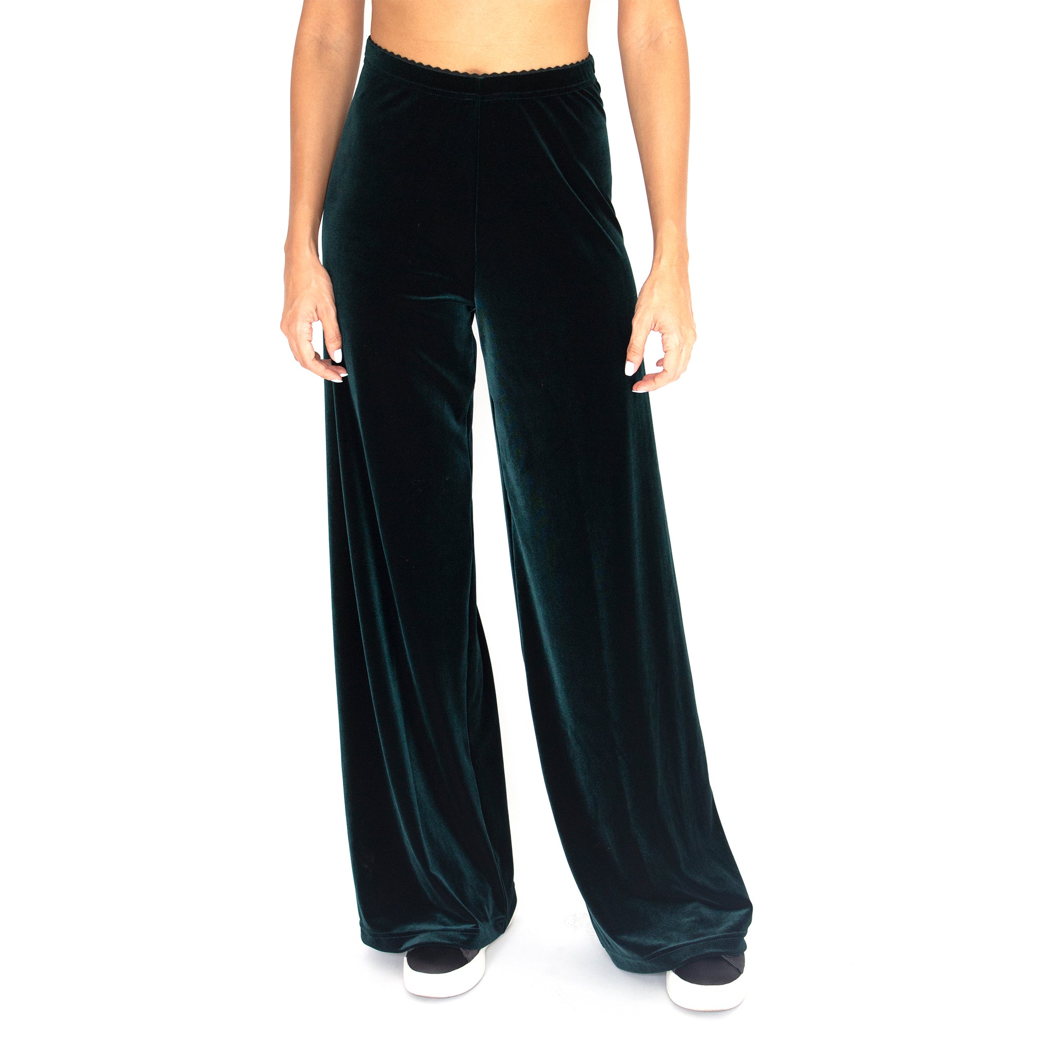 Front view of our Stretch Velvet Track Pant in Hunter (Dark Green) with elastic waist and 32" inseam.