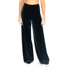 Front view of our Stretch Velvet Track Pant in Hunter (Dark Green) with elastic waist and 32" inseam.
