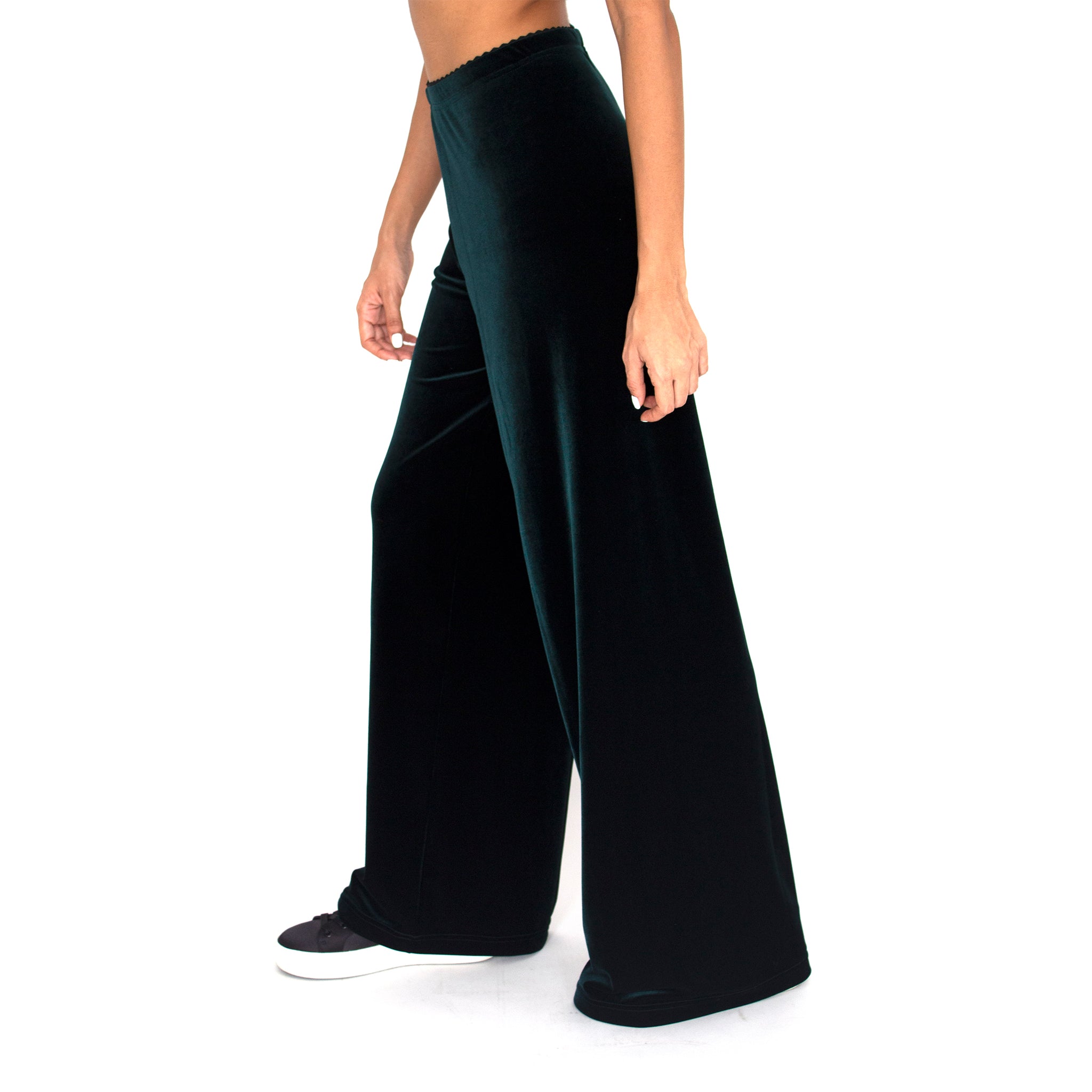 Side view of our Stretch Velvet Track Pant in Hunter (Dark Green) with elastic waist and 32" inseam.