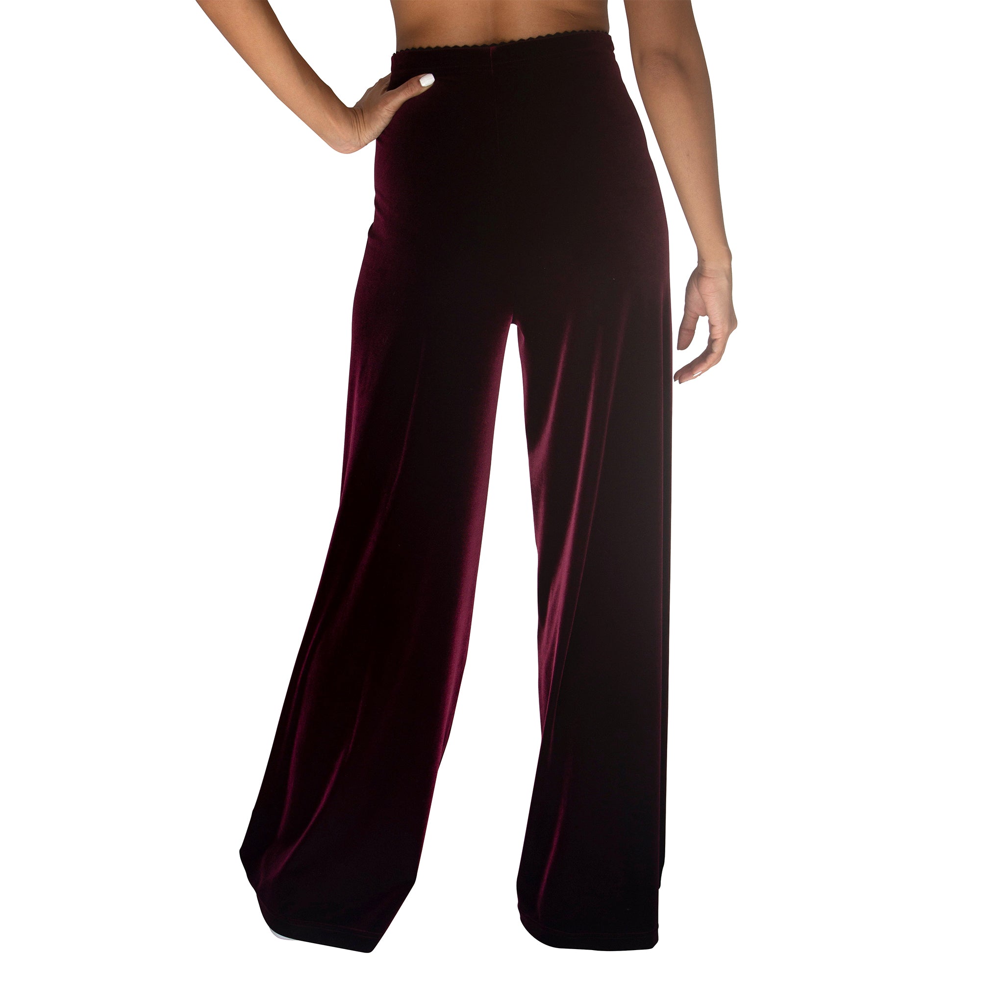 Back view of our Stretch Velvet Pant in Sangria Wine (Burgundy) has elastic waist and 32" inseam