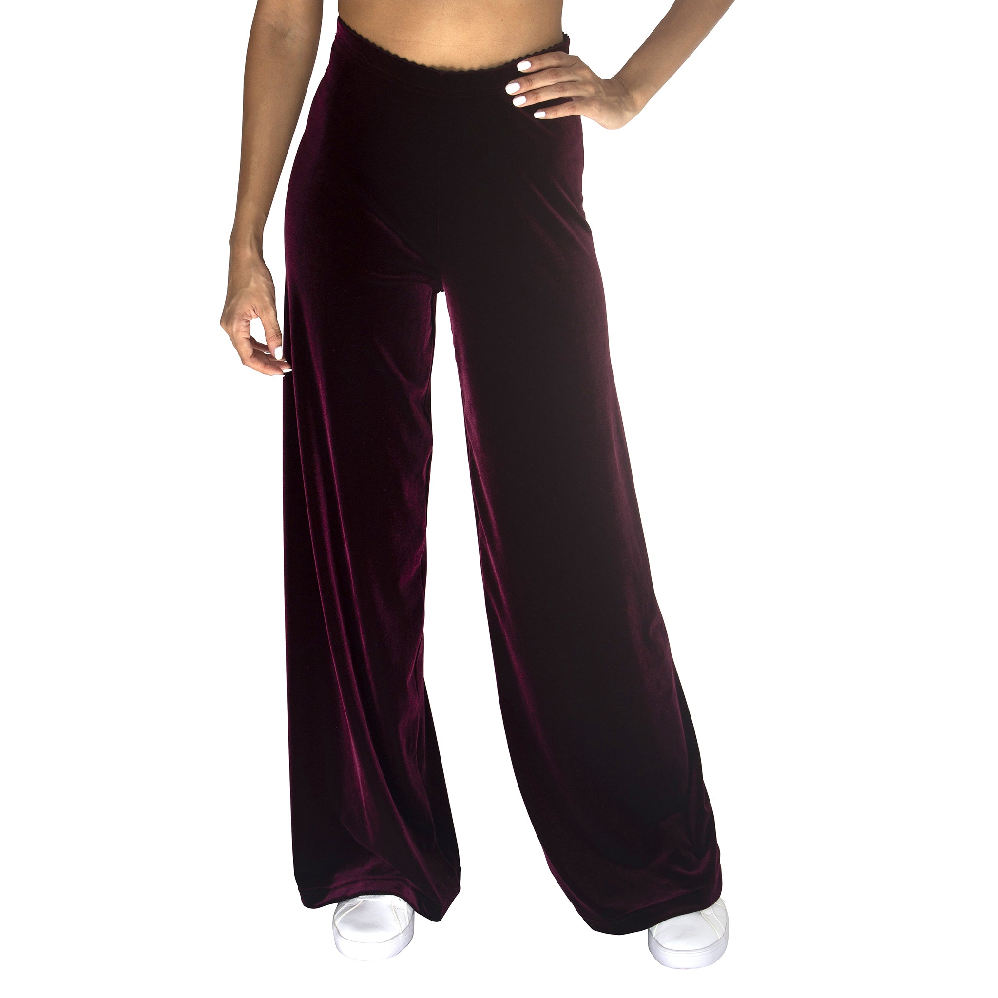 Front view of our Stretch Velvet Pant in Sangria Wine (Burgundy) has elastic waist and 32" inseam.