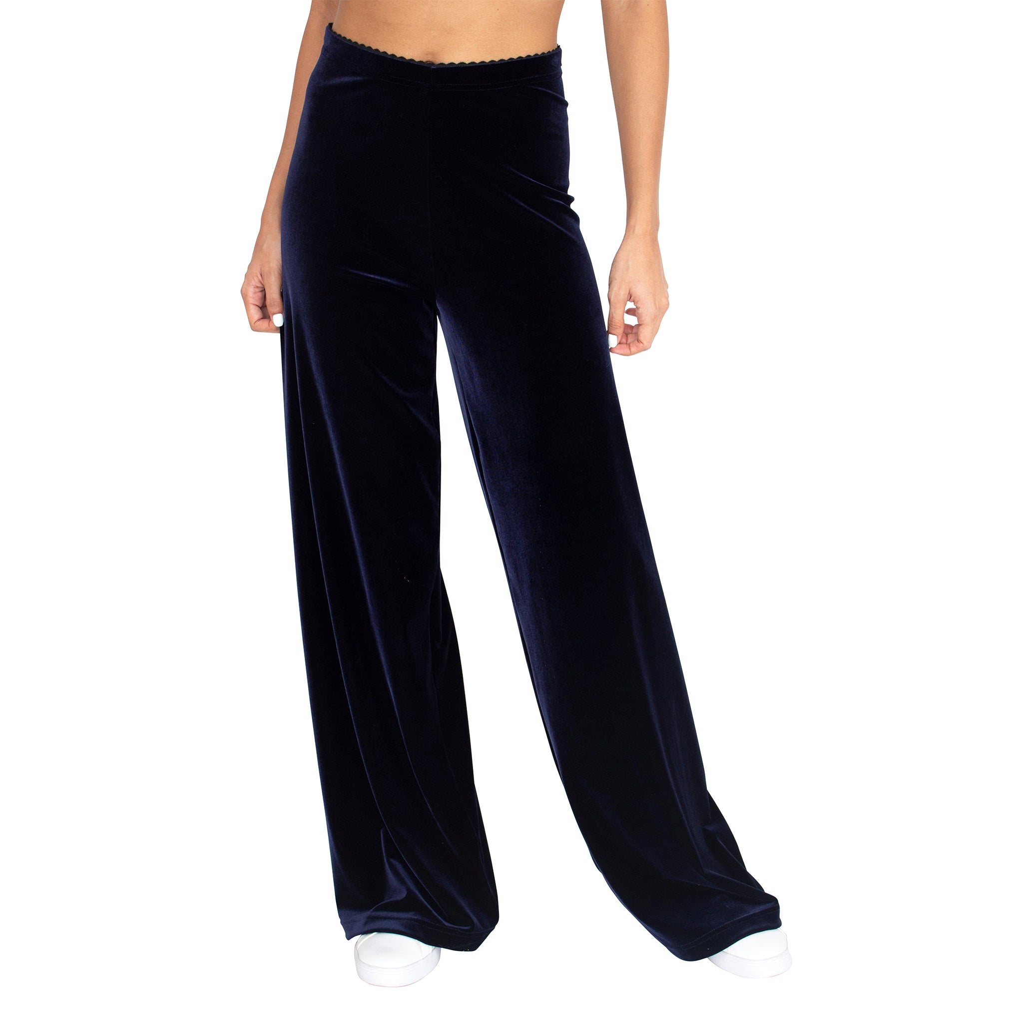 Front view of our Stretch Velvet Pant in Sapphire (Dark Blue) has elastic waist and 32" inseam.