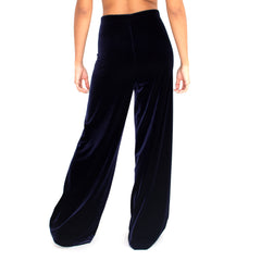Back view of our Stretch Velvet Pant in Sapphire (Dark Blue) has elastic waist and 32" inseam.