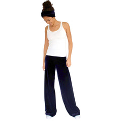 Stretch Velvet Pant in Sapphire (Dark Blue) has elastic waist and 32" inseam.