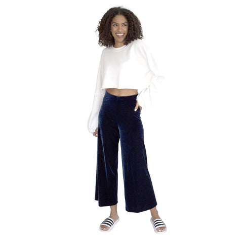 Cropped Length Stretch Velvet Pant in Sapphire (Dark Blue) has elastic waist and 26" inseam.
