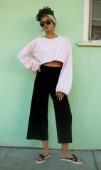 Street Shot of our Balloon sleeve French Terry crop top in Candy Pink